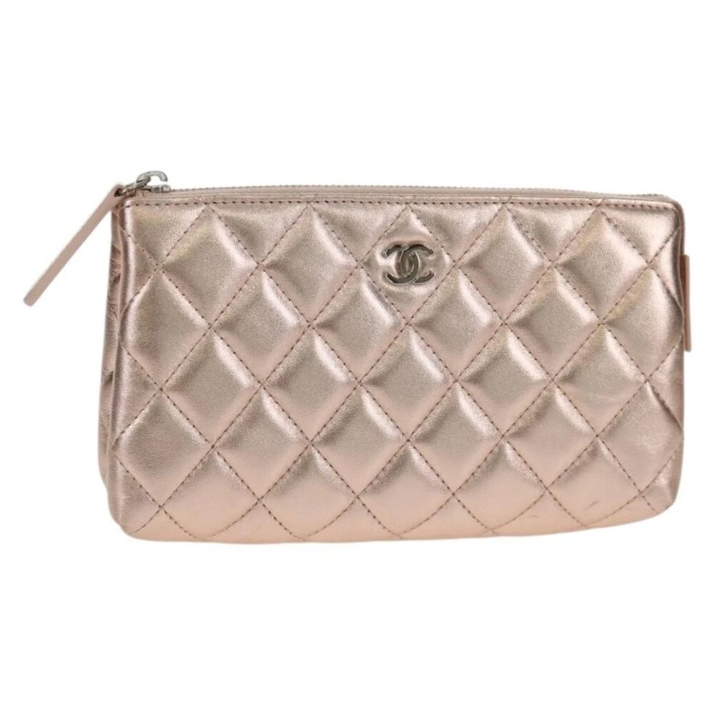 CHANEL Matelasse Pouch Lamb Skin Pink Gold CC Auth 157936M - Picture 1 of 16